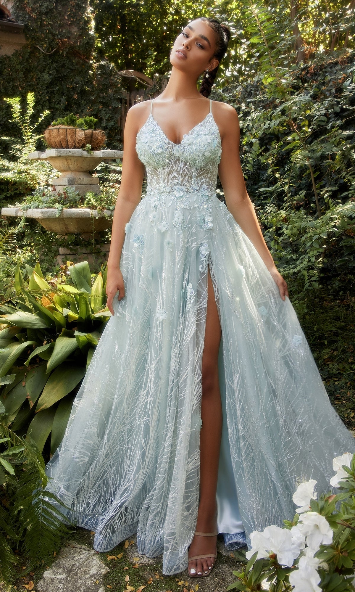 Lace-Bodice Long Pastel Green Prom Dress A1145