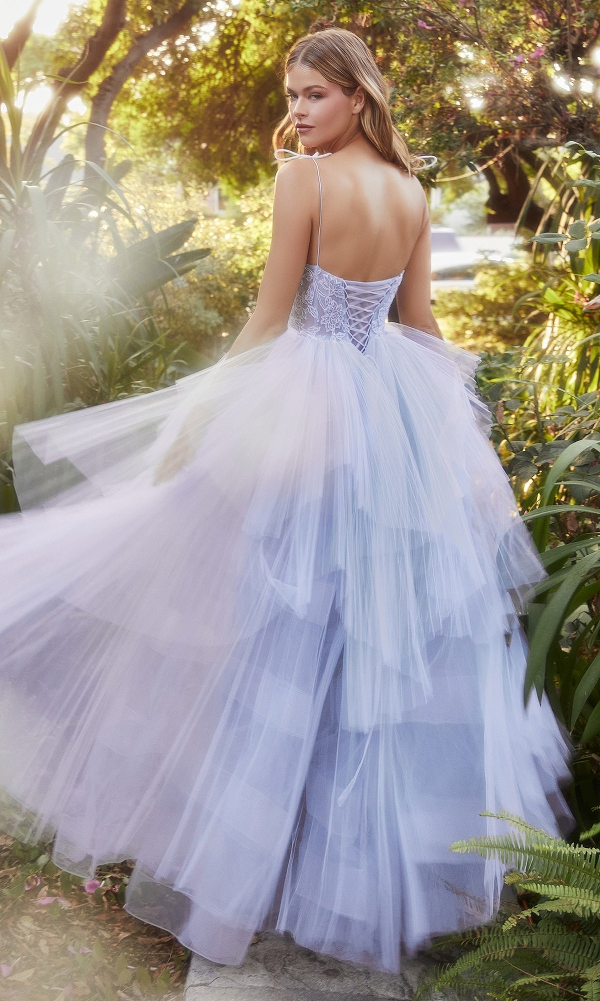 Tiered Long Blue Prom Ball Gown with Bows A1152
