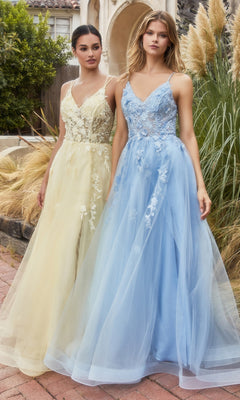 Two women stand outdoors in Floral-Embroidered Long A-Line Prom Gown A1191—one in pale yellow with a v-neck, the other in light blue.