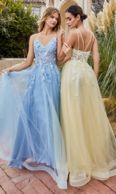 Two women pose outdoors: one wears the Floral-Embroidered Long A-Line Prom Gown A1191 in light blue with spaghetti straps, while the other dons a pale yellow strappy-back dress, both featuring delicate floral embellishments.