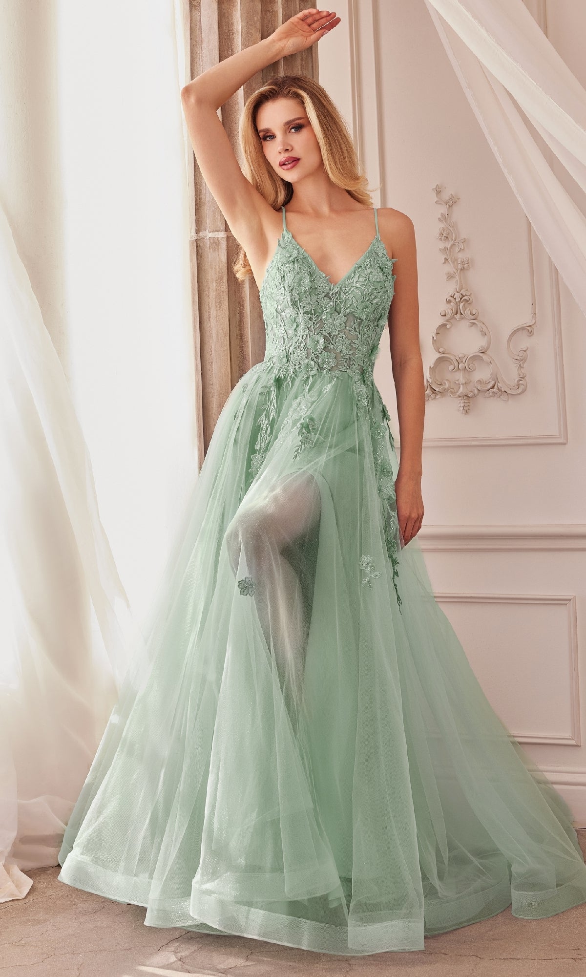 Floral-Embroidered Long A-Line Prom Gown A1191 Sage / 2 Floral-Embroidered Long A-Line Prom Gown A1191 Sage / 2