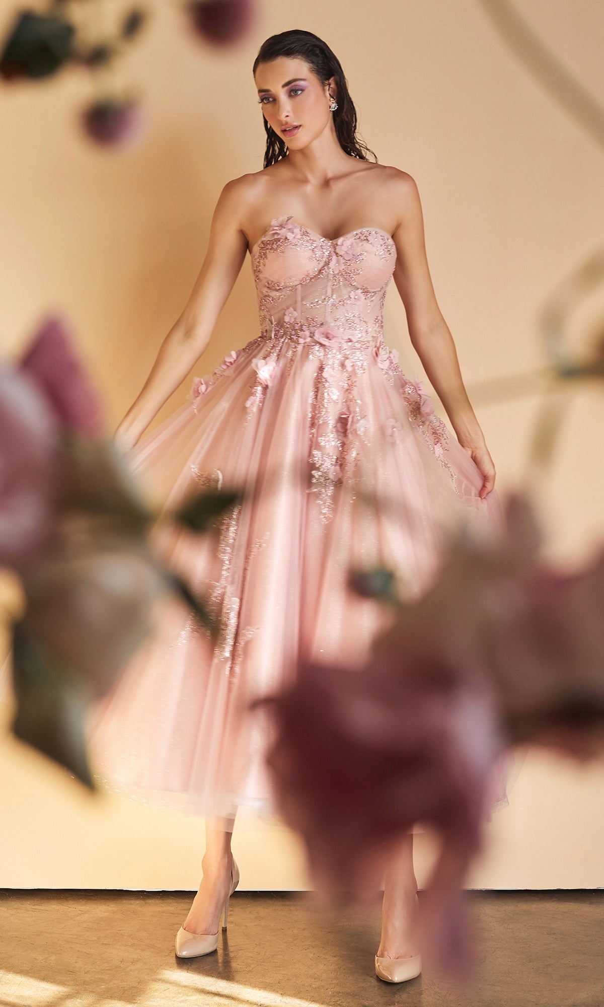 Blush Pink Strapless Tea-Length Prom Gown A1195
