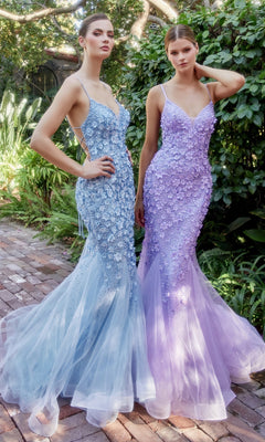 Two women in a garden wear the Floral Beaded Long Mermaid Prom Dress A1201—one in light blue, the other in light purple. Both fitted, floor-length gowns feature 3D floral appliques for an elegant, enchanting look.
