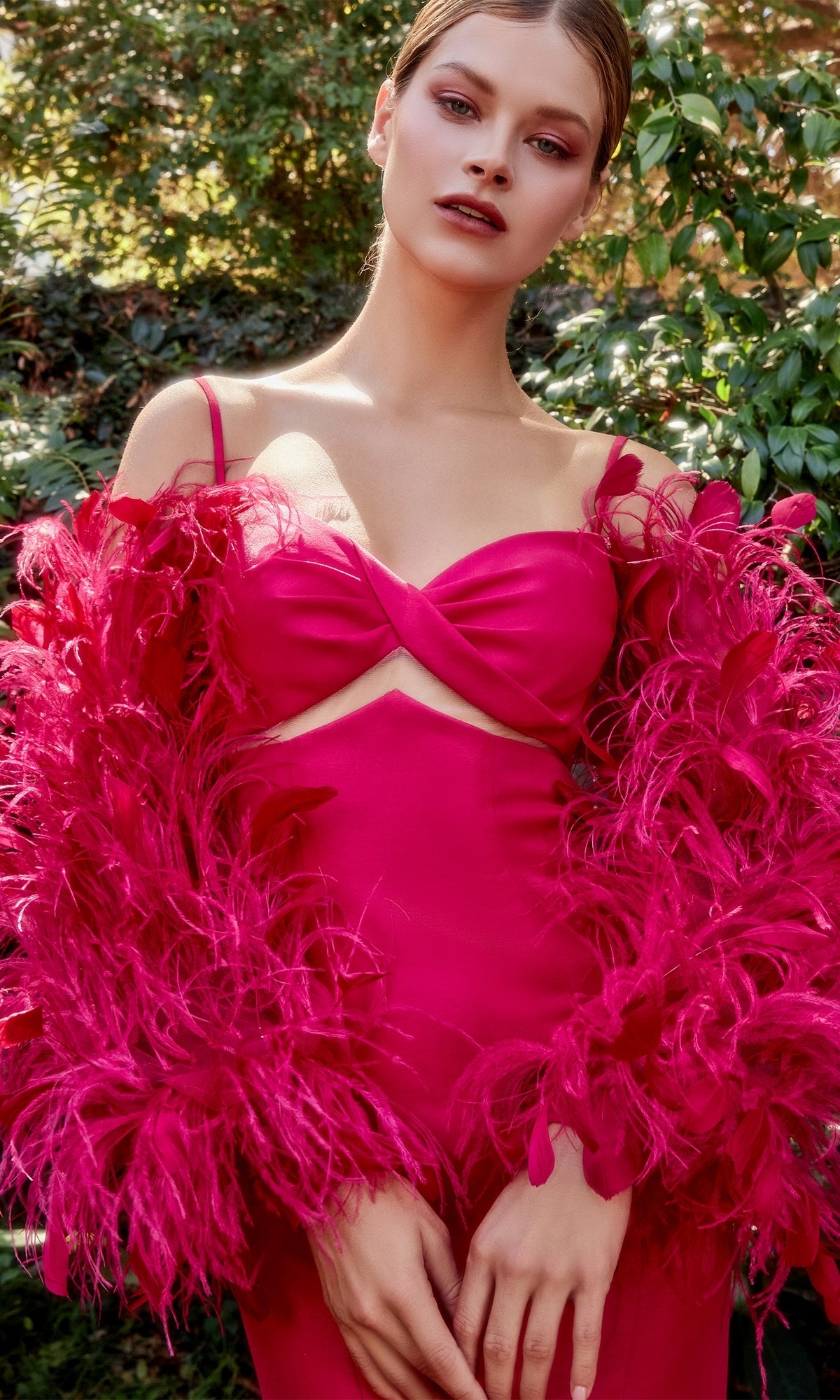 Fuchsia Pink Feather-Sleeve Long Prom Dress A1208