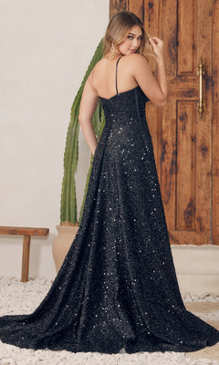 A woman wears the Long Black Sequin Prom Dress with Corset A1241, featuring shimmering sequins, a corset-style bodice, and a flowing A-line skirt.