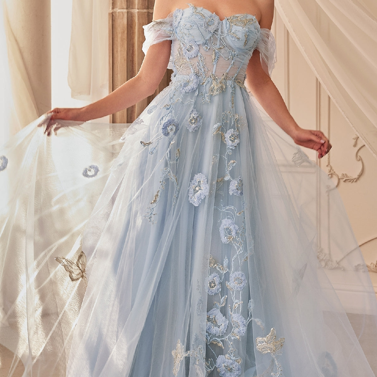 Off-Shoulder Long Blue Prom Dress with Embroidery