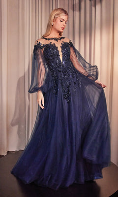 A woman wears the Sheer Long Sleeve Long Formal Dress A1263, featuring off-the-shoulder sheer sleeves, floral appliqué details, and a flowing tulle skirt—an elegant option for prom or any formal occasion.