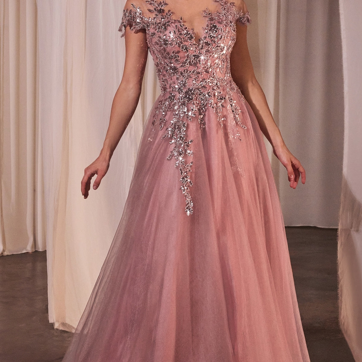 Dusty Rose Glitter Off the Shoulder A-Line Long Prom Dress main image 1