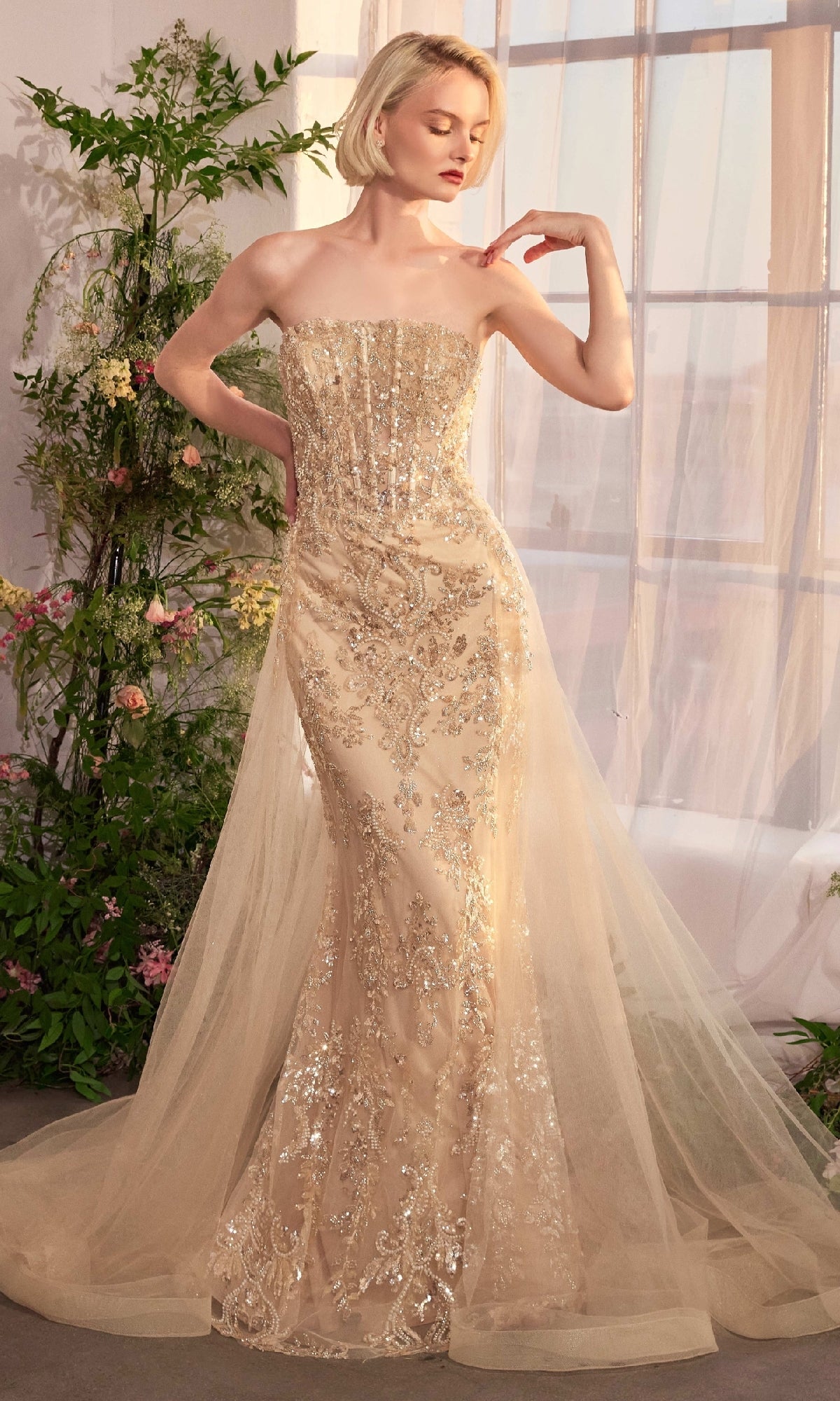 Lace-Up Strapless Long Prom Dress with Sequin Print