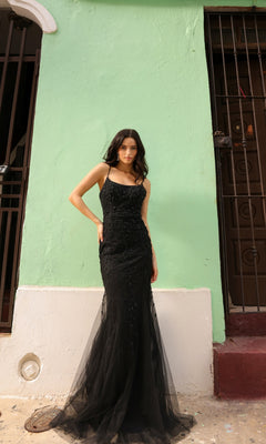 Beaded-Lace Long Mermaid Lace-Up Prom Dress Black / 10
