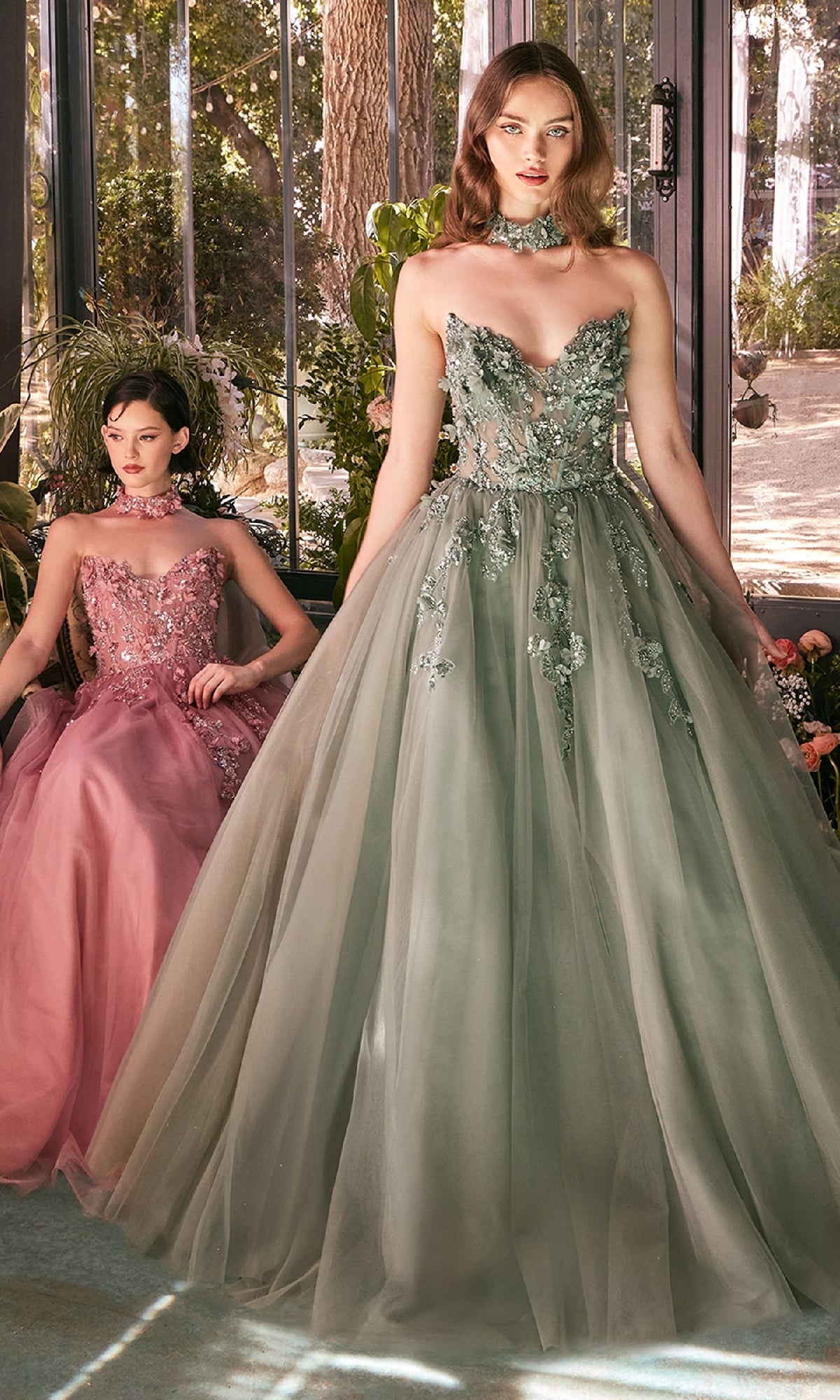 Strapless Floral-Lace Long Prom Dress with Choker PromGirl Strapless Floral-Lace Long Prom Dress with Choker PromGirl