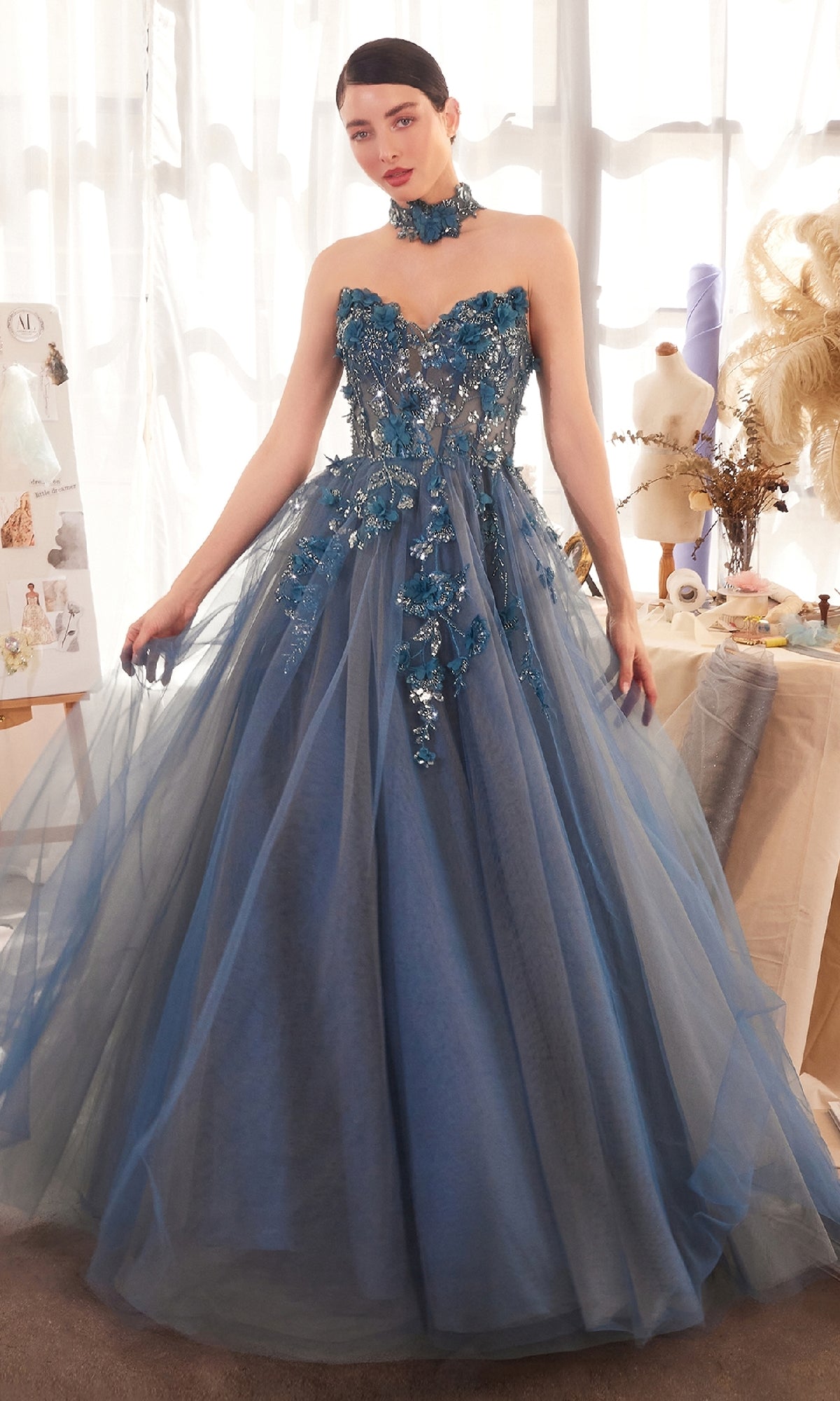Strapless Floral Prom Gown: Andrea & Leo A1399 Deep Blue / 0 Strapless Floral Prom Gown: Andrea & Leo A1399 Deep Blue / 0