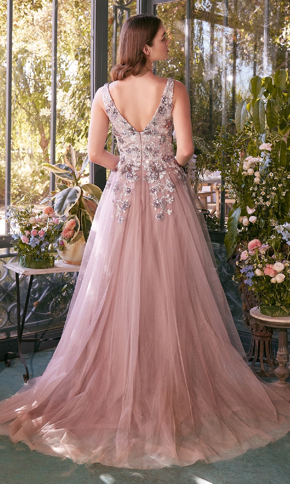 blush floral dress formal A Line Floral Tulle V-Neck Short Sleeve Formal Evening Dress main image 1