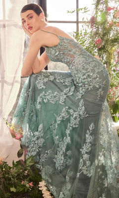 A woman wearing the Andrea & Leo A1421 Beaded-Lace Long Prom Dress.
