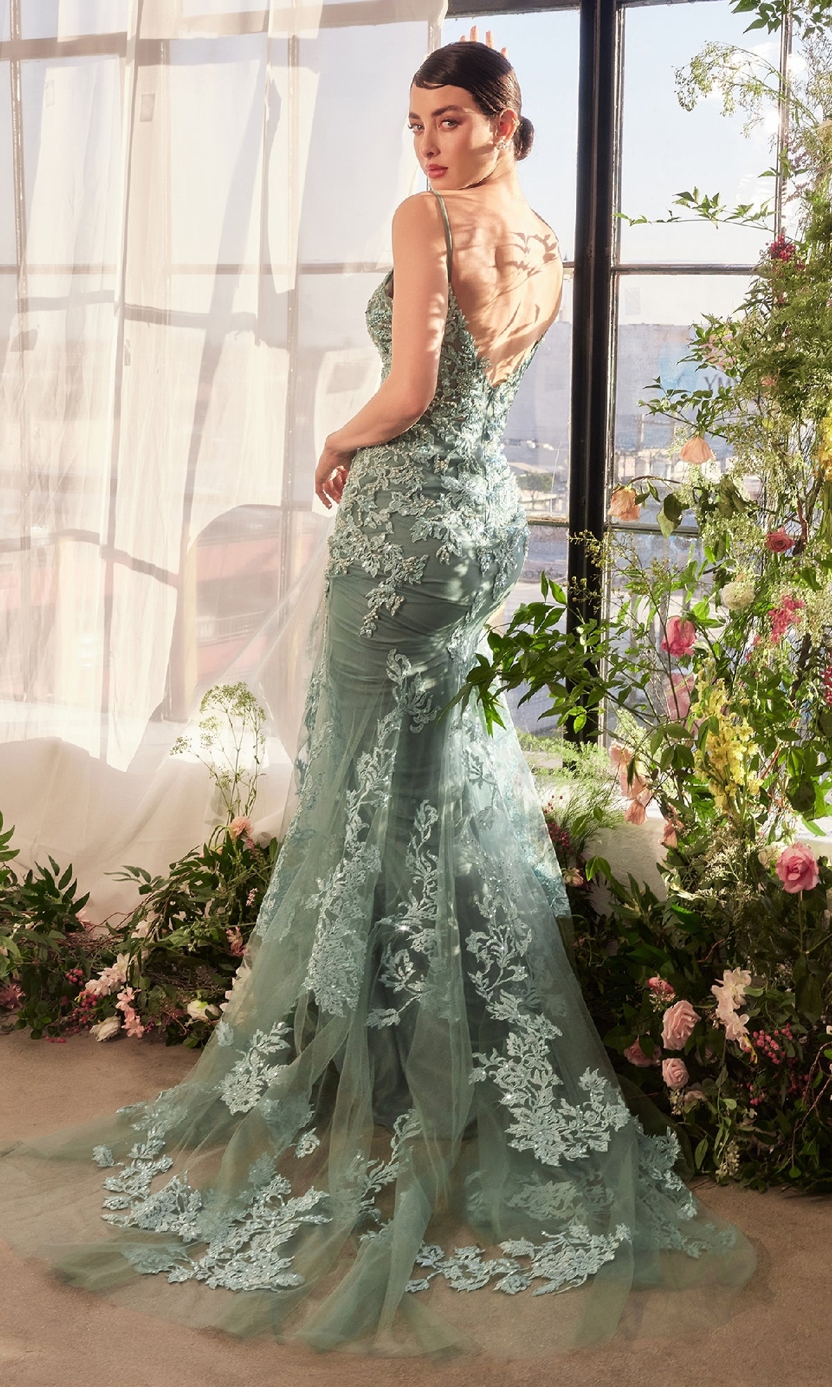 Deep V-Neck Long Beaded-Lace Prom Dress with Train Dusty Blue / 8