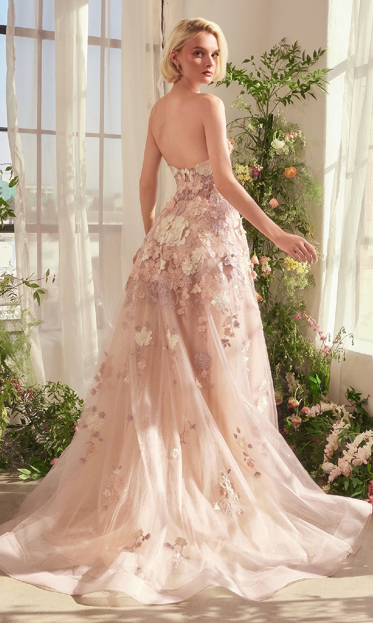 Strapless Long Mauve Pink Prom Dress with 3-D Flowers Mauve / 2