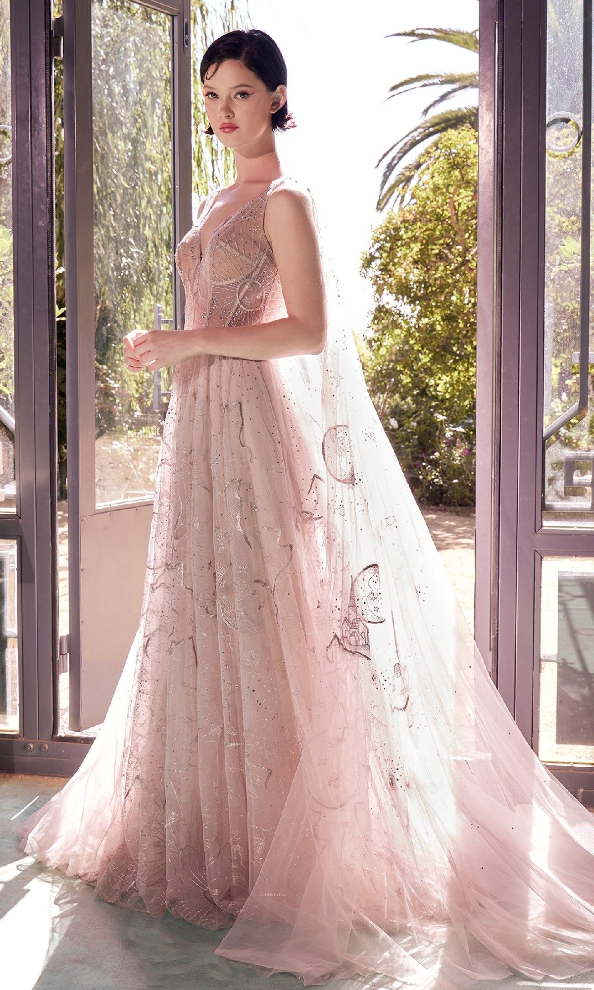 Long Nude Glitter A-Line Prom Dress with Cape– PromGirl