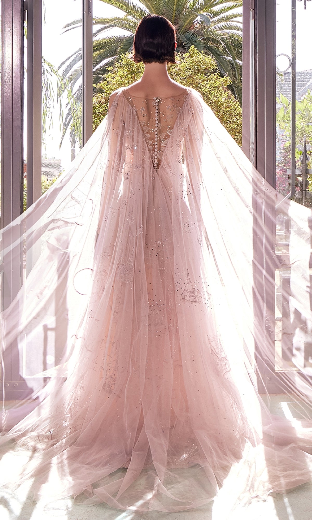 Long Nude Glitter A-Line Prom Dress with Cape Nude / 10