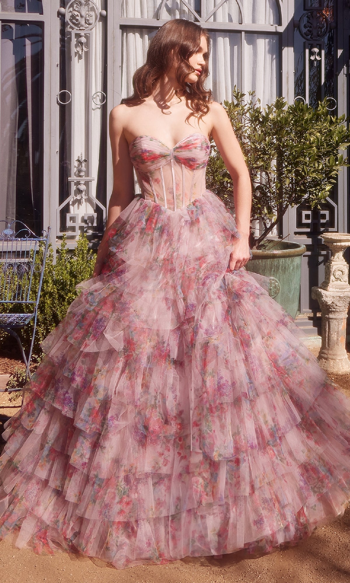 Strapless Long Print Prom Dress with Sheer Corset PromGirl Strapless Long Print Prom Dress with Sheer Corset PromGirl