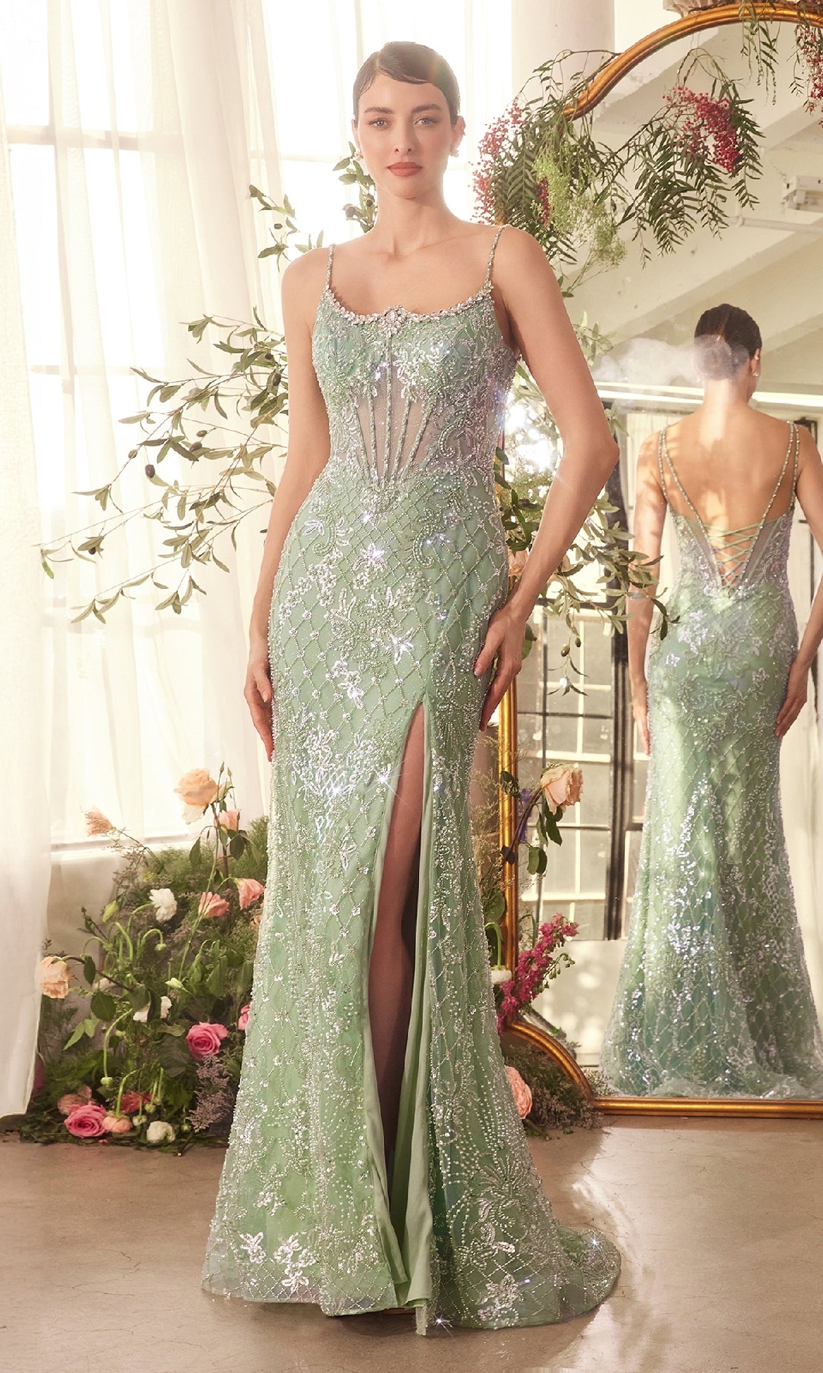 Long Beaded Corset Prom Dress: Andrea & Leo A1470 Sage / 2 Long Beaded Corset Prom Dress: Andrea & Leo A1470 Sage / 2