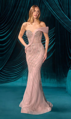 A woman in the Andrea and Leo A1504 long prom dress, featuring a fitted strapless mauve design with sparkling beaded embellishments, stands before teal draped curtains.