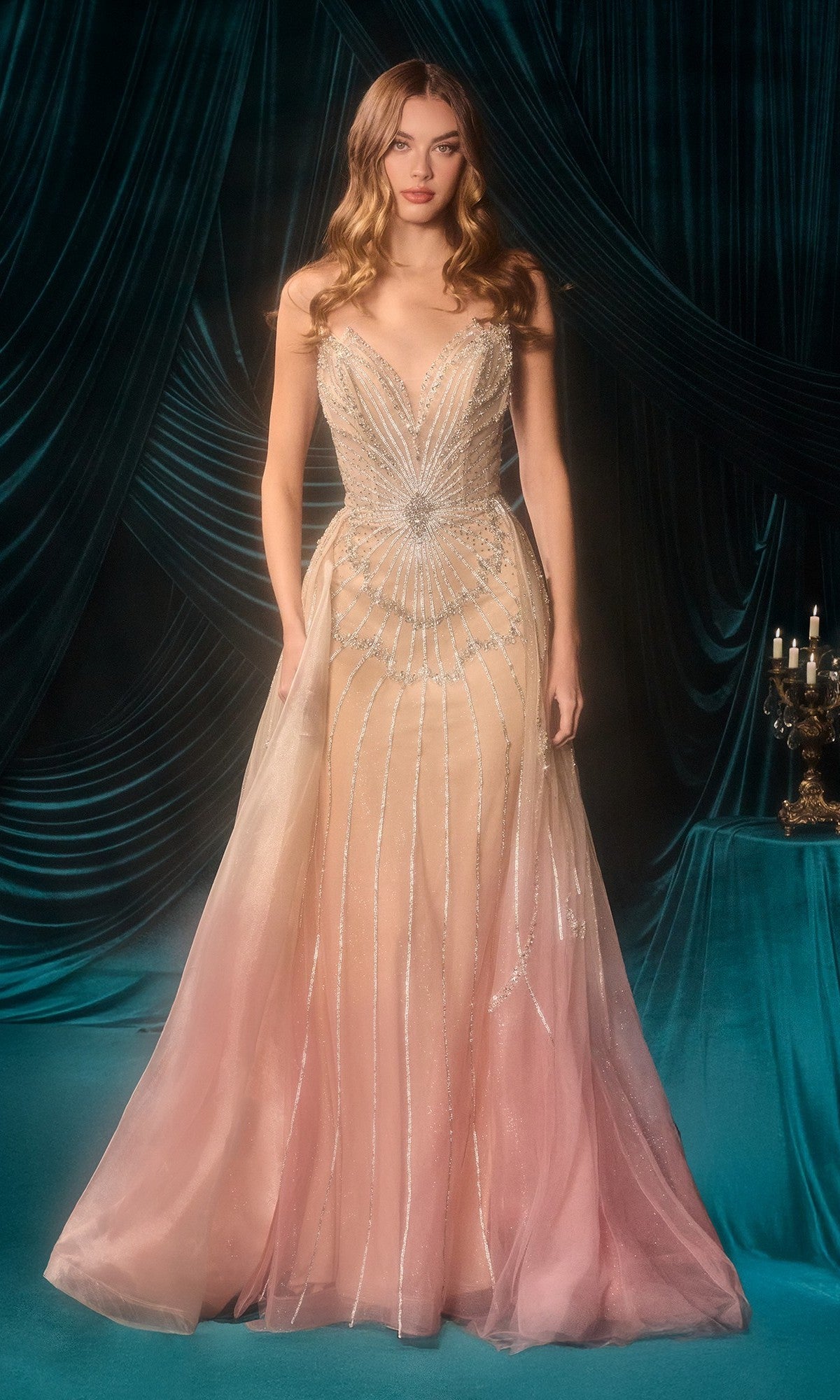 champagne pink prom dress Strapless Long Ombre Beaded with Overskirt Blue / 6 ballroom Color:Dusty Navy Extro & Vert Women's with its off