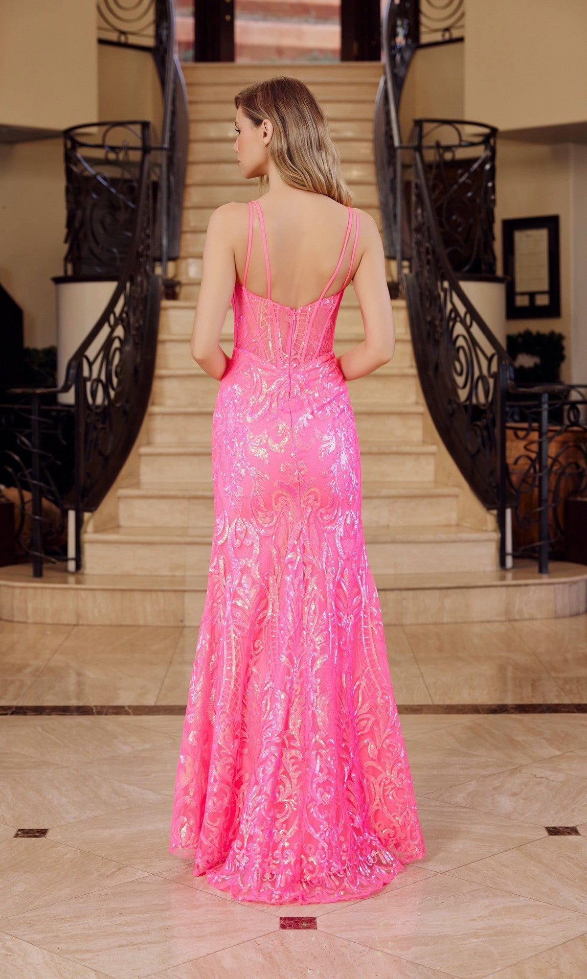 Sheer-Corset Long Prom Dress with Sequin Print – PromGirl