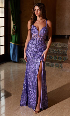 A woman stands indoors wearing the Nox Anabel A1583, a fitted lavender sheer corset evening gown with sequin print, thigh-high slit, and delicate bodice details.