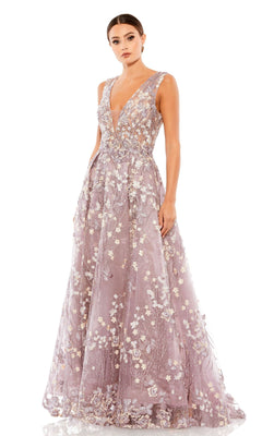 A woman wears the Mac Duggal A20131 Embroidered Long Formal Dress, a sleeveless lavender A-line evening gown with floral embroidery and a deep V-neckline, posing against a plain white background.