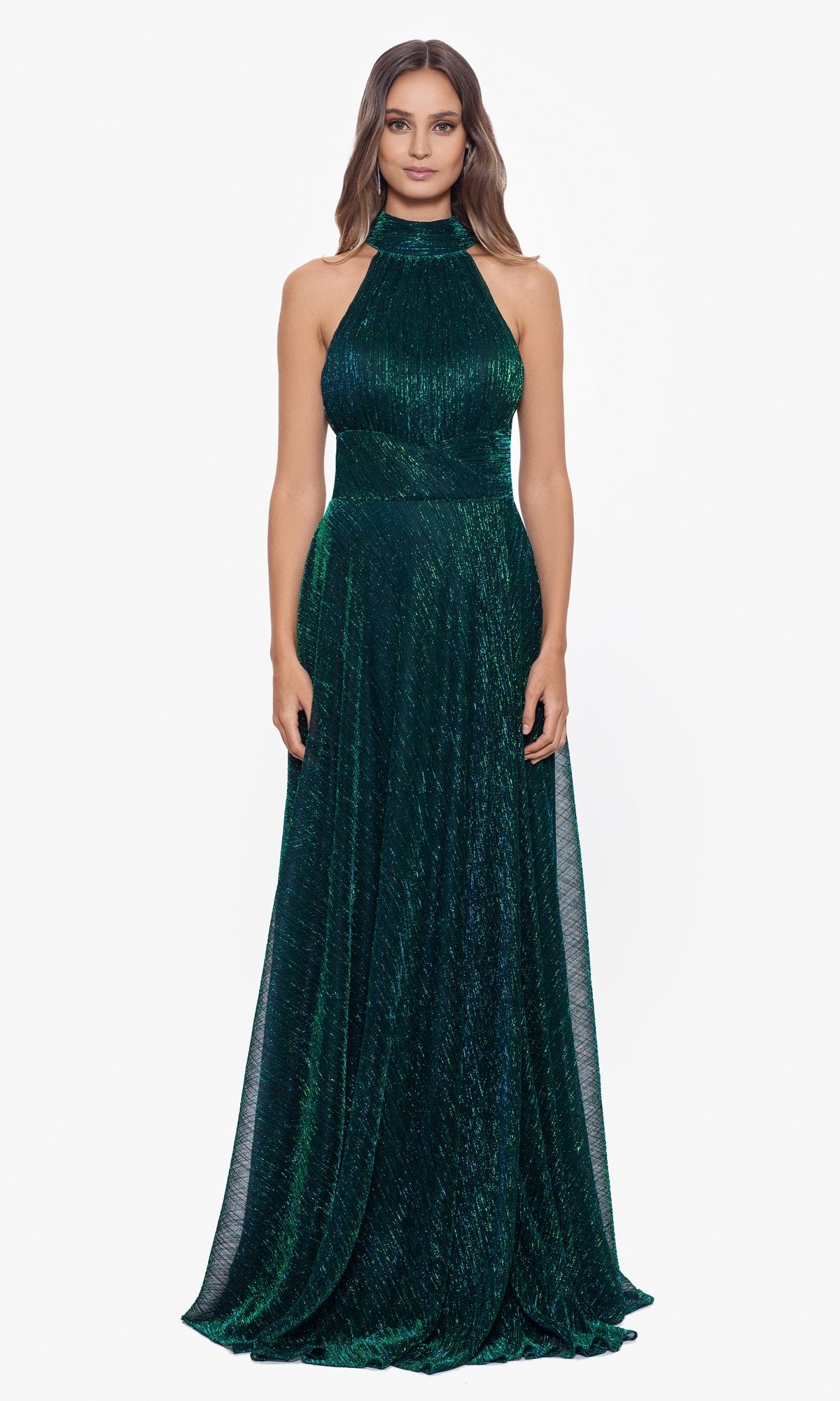 Empire-Waist High-Neck Long Shimmer Prom Dress A24948