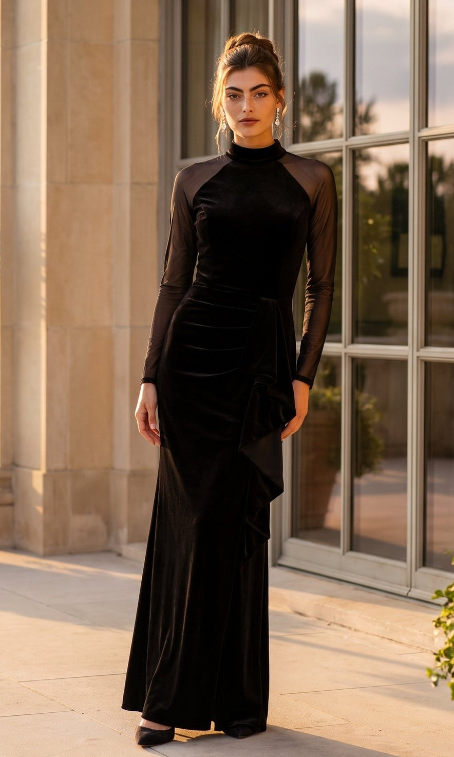 formal long sleeve black velvet dress Long with Ruffle – PromGirl capsule: Sale