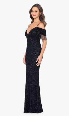 Long Black Beaded Prom Dress with Fringe Shoulders PromGirl Long Black Beaded Prom Dress with Fringe Shoulders PromGirl