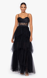 Sheer-Waist Long Black Tiered Prom Dress A26249