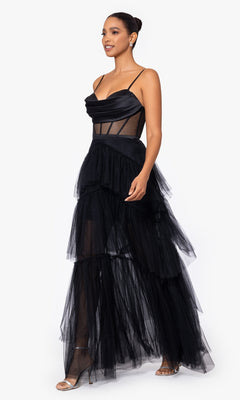 Long Black Ruffled Prom Dress with Sheer Waist PromGirl