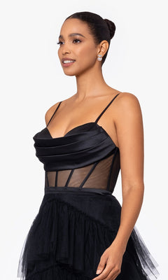 Long Black Ruffled Prom Dress with Sheer Waist– PromGirl