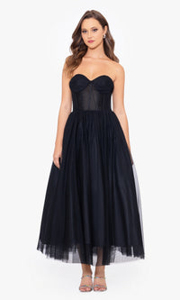 Black Strapless Tea Length Wedding-Guest Dress