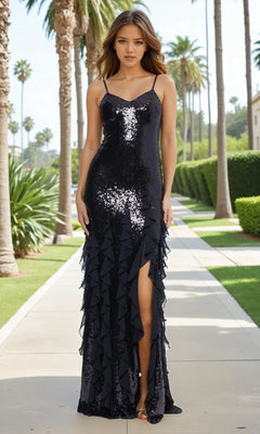 A woman wearing the Betsy & Adam A26805 long black sequin formal gown with a thigh-high slit stands on a palm-lined sidewalk, looking at the camera.
