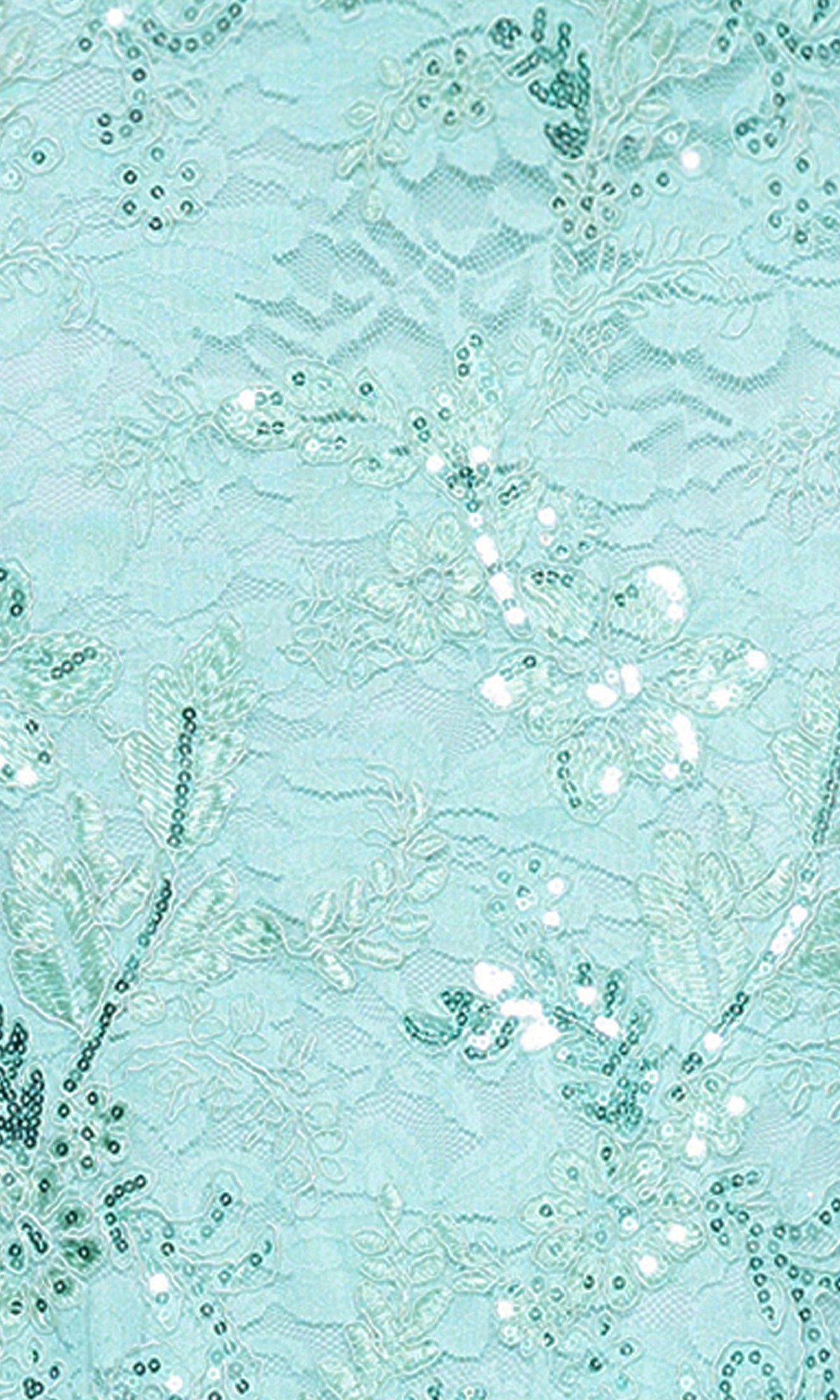 The Betsy and Adam A26885 Long Formal Dress features light blue lace with floral embroidery and sequin embellishments, creating a delicate, shimmering look ideal for formal occasions.