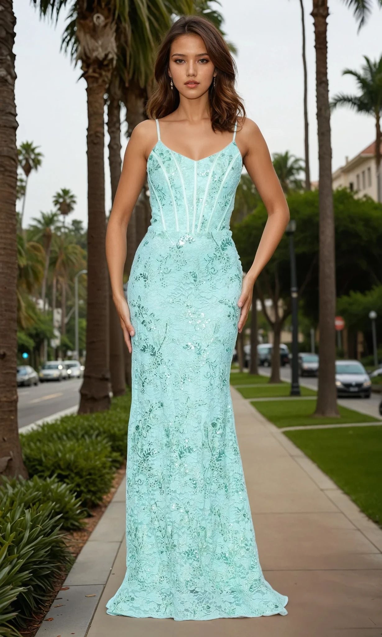 A woman wearing the Betsy and Adam A26885 long formal dress—a fitted, light blue lace gown with thin straps and a corset bodice—stands on a palm tree-lined sidewalk surrounded by greenery.