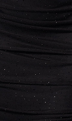 Close-up of the Betsy & Adam A26893 Strapless Black Prom Gown, featuring sparkling beaded dots on black fabric with gentle horizontal ruching.