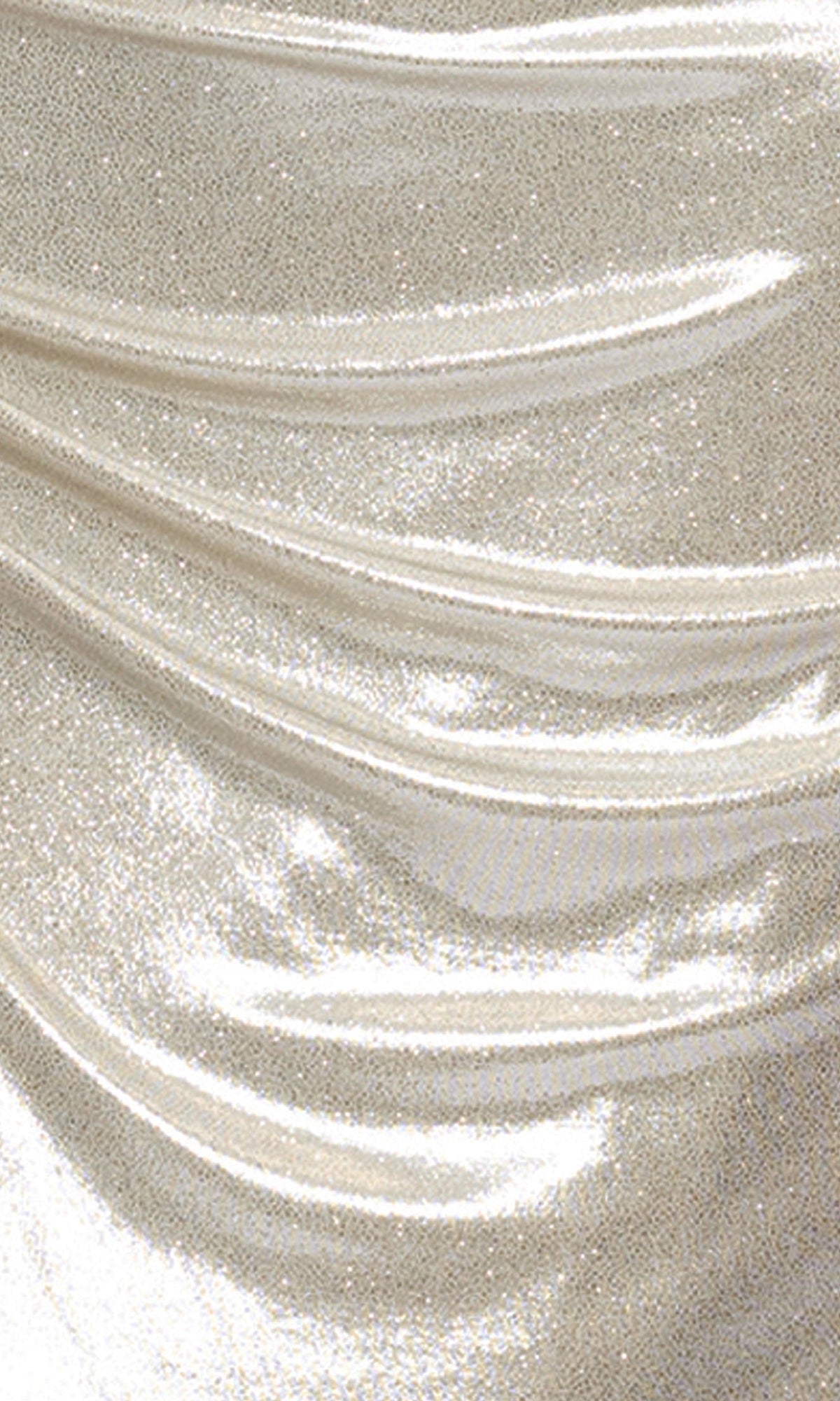 Close-up of shimmering metallic fabric draped in soft folds—ideal for an off-the-shoulder look or the Champagne Long Formal Dress: Betsy & Adam A26921.