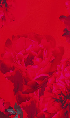 The Long Red Floral Formal Dress: Betsy & Adam A26926 features large red peony flowers with layered petals on a vivid red background, creating a bold, monochromatic look—ideal for making a statement at any formal event.