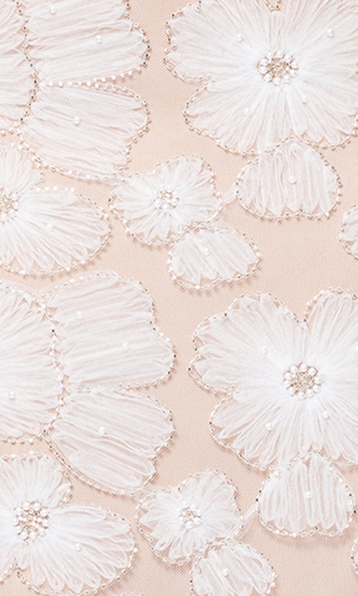 Close-up of white embroidered floral patterns on sheer nude fabric, perfect for the Long Formal Dress: Betsy and Adam A26948, featuring adjustable shoulder straps.