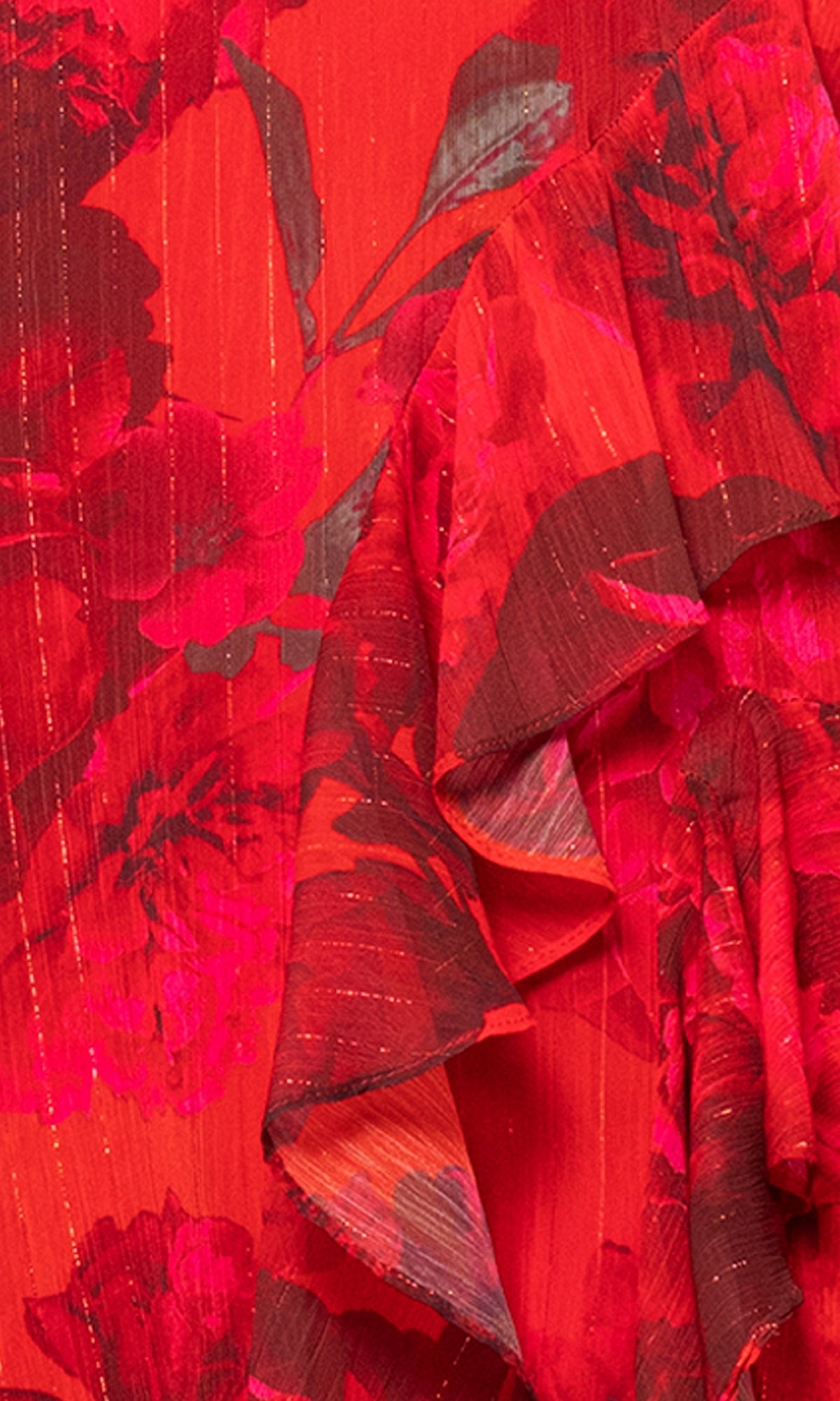 Close-up of the Betsy and Adam A26962 Floral-Print Red Formal Dress, featuring ruffled details and subtle vertical metallic threads.