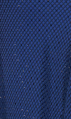 Close-up of the Long Formal Dress: Betsy and Adam A26963 in navy blue, featuring diamond-patterned mesh fabric with small, scattered glitter-like specks.