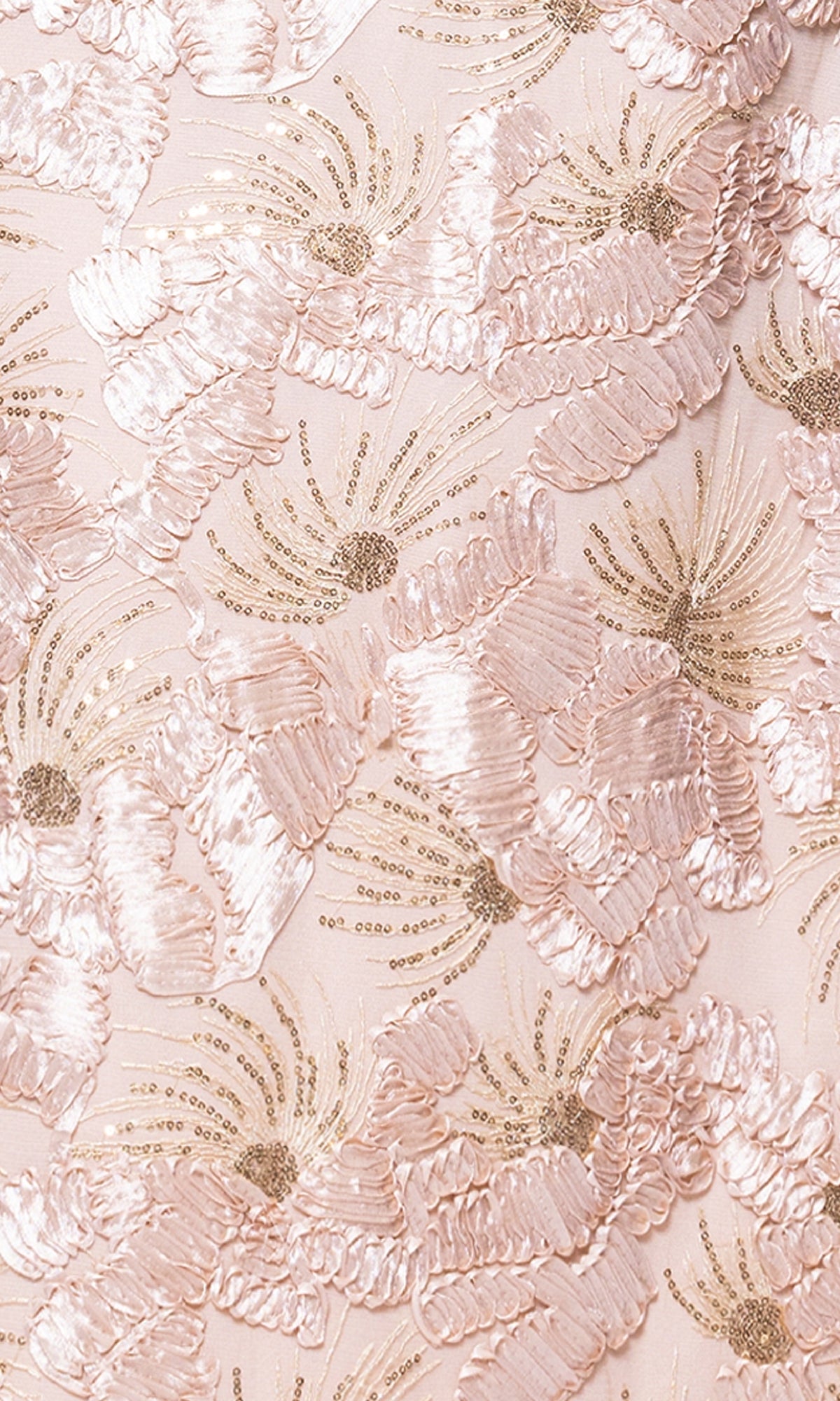 Close-up of light pink fabric with shiny, textured floral embroidery and gold sequin detailing, perfect for the Betsy and Adam A27023 long formal dress or crafted as elegant soutache lace in a repeating pattern.