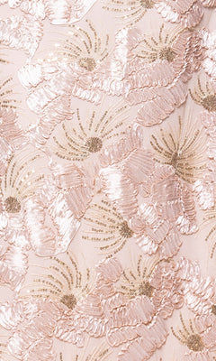 Close-up of light pink fabric with shiny, textured floral embroidery and gold sequin detailing, perfect for the Betsy and Adam A27023 long formal dress or crafted as elegant soutache lace in a repeating pattern.