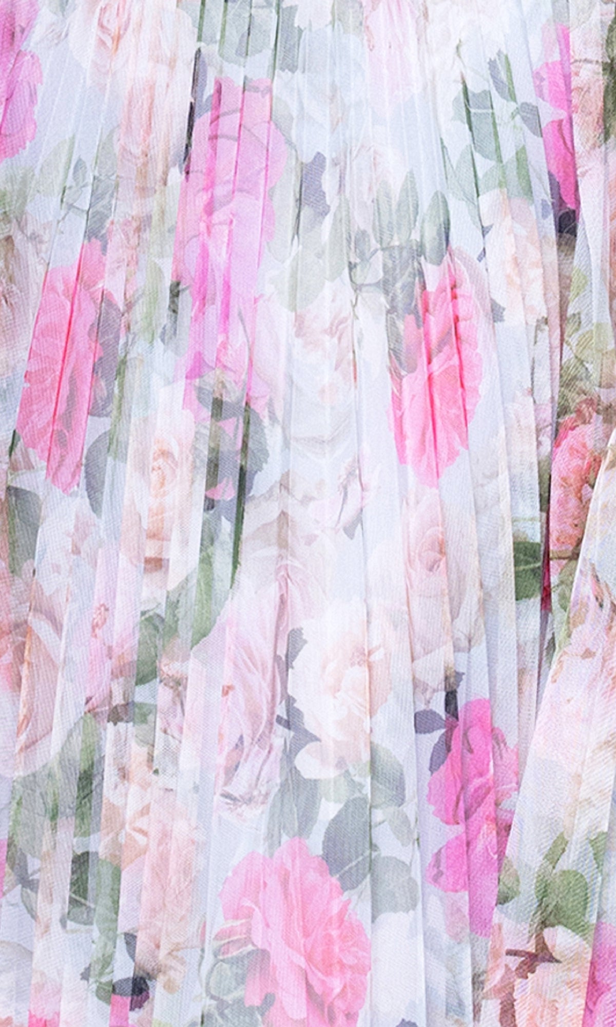 Close-up of the Betsy & Adam A27054 Print Wedding Guest Dress fabric, showcasing pink and white floral roses and green leaves in a pleated party dress style.