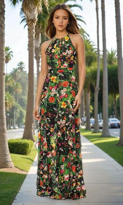 A woman stands on a palm-tree-lined sidewalk wearing the Betsy & Adam A27102 Floral Wedding Guest Dress, a sleeveless, floor-length gown featuring a colorful floral pattern and pleated bodice.