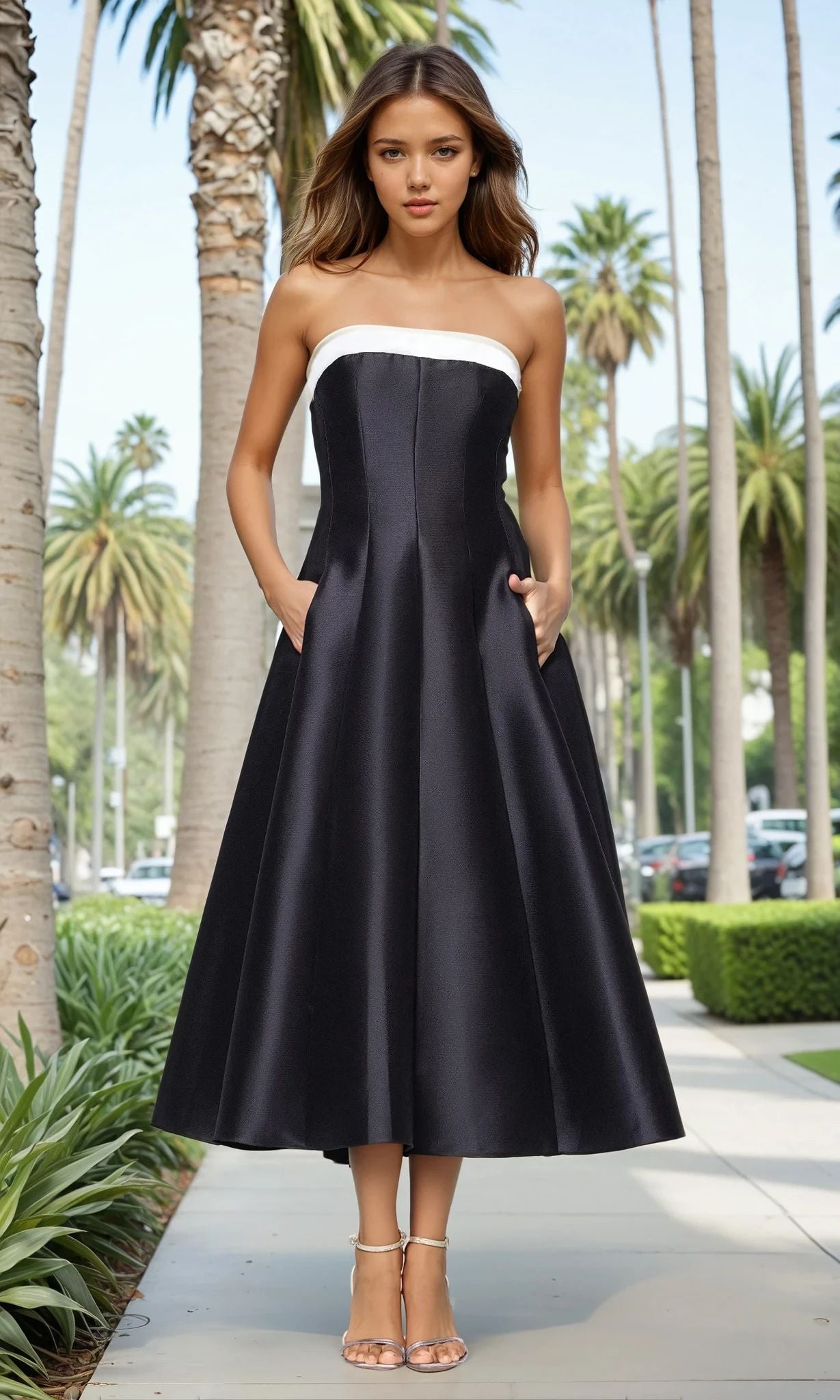 Tea-Length Black Formal Dress: Betsy and Adam A27115 Black/White / 0 Tea-Length Black Formal Dress: Betsy and Adam A27115 Black/White / 0